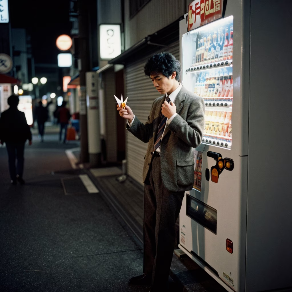 Midnight Osaka Street Scene with Vintage Cardigan and Origami Crane in in Osaka, Japan