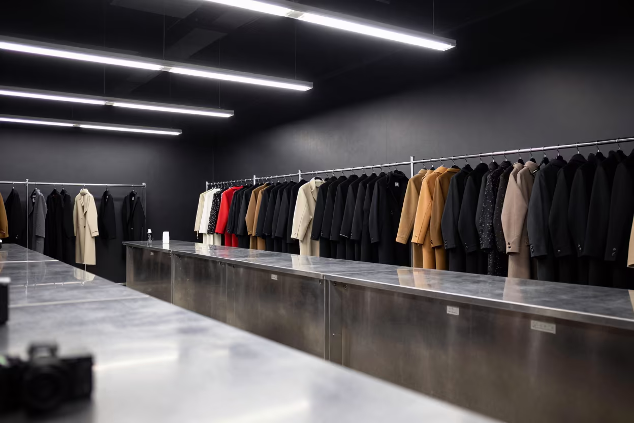 Midnight Outerwear Showroom with Fluorescent and Projector Glow in inside a couture atelier near Sunderland