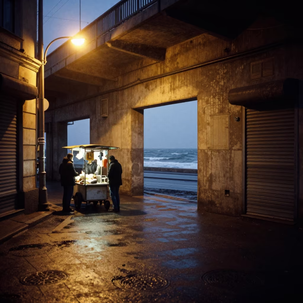 Midnight Overpass Shadow Arbat Vendor Cart Ocean Doorway in along a shuttered arcade in Arbat, Moscow
