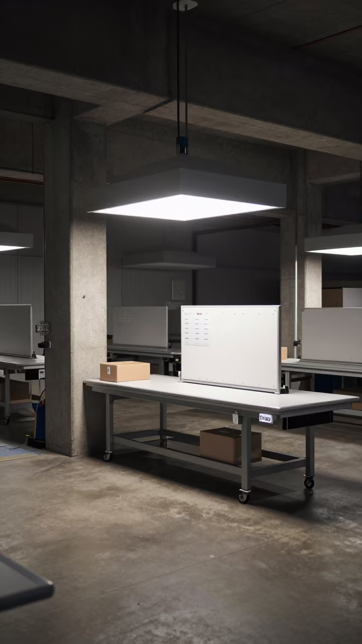 Midnight Packing Station Osaka Gray Dock Magnet Board in at a fulfillment packing station in Osaka