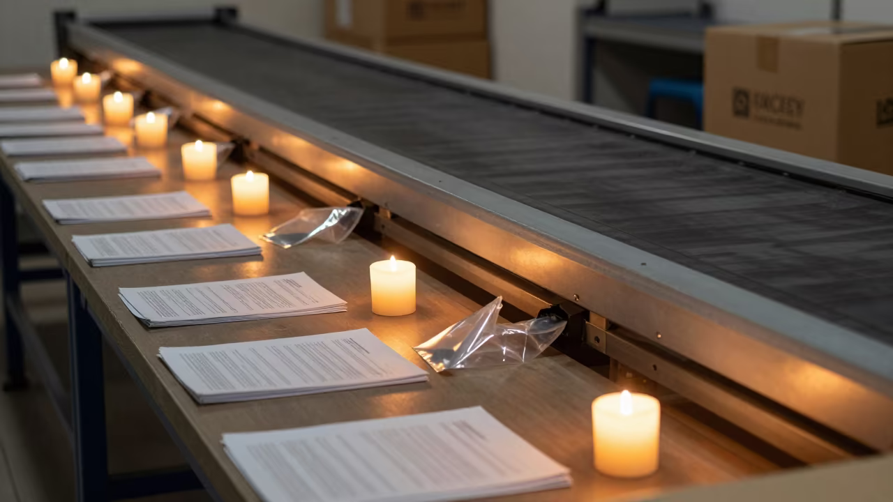 Midnight Parcel Desk Warm Glow Maceio in at a parcel sorting belt in Maceio