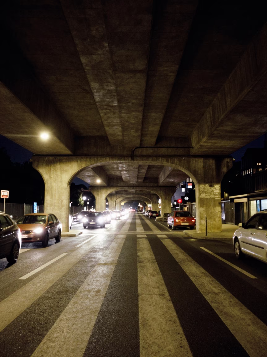 Midnight Paris Flyover Underside Striped with Shadows from Passing Traffic in in Paris, France