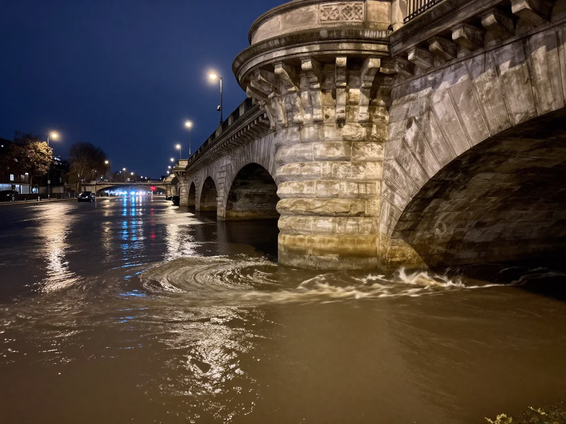 Midnight Paris Street Scene with Bridge Pier and Floodwater Reflections in in Paris, France