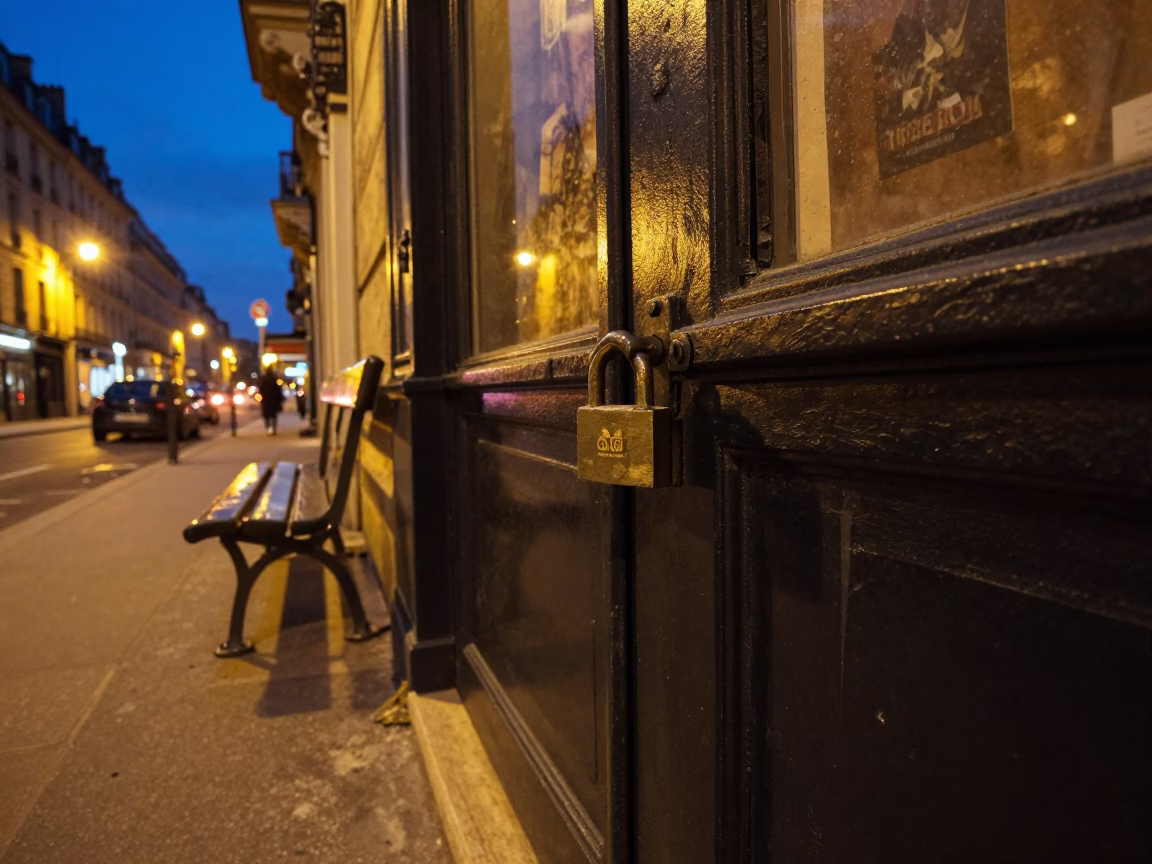 Midnight Paris Street Scene with Deadbolt Lock and Bench Smudges in in Paris, France