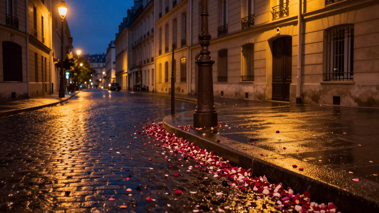 Midnight Paris Street Scene with Fallen Rose Petals and Stone Architecture in in Paris, France