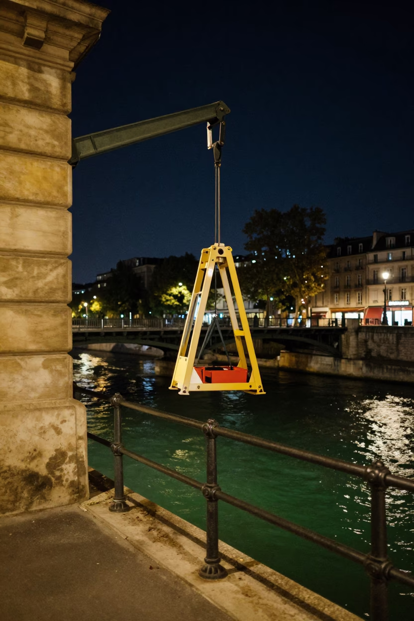 Midnight Paris Street Scene with Hanging Bridge Maintenance Cradle Over Green River Water in in Paris, France