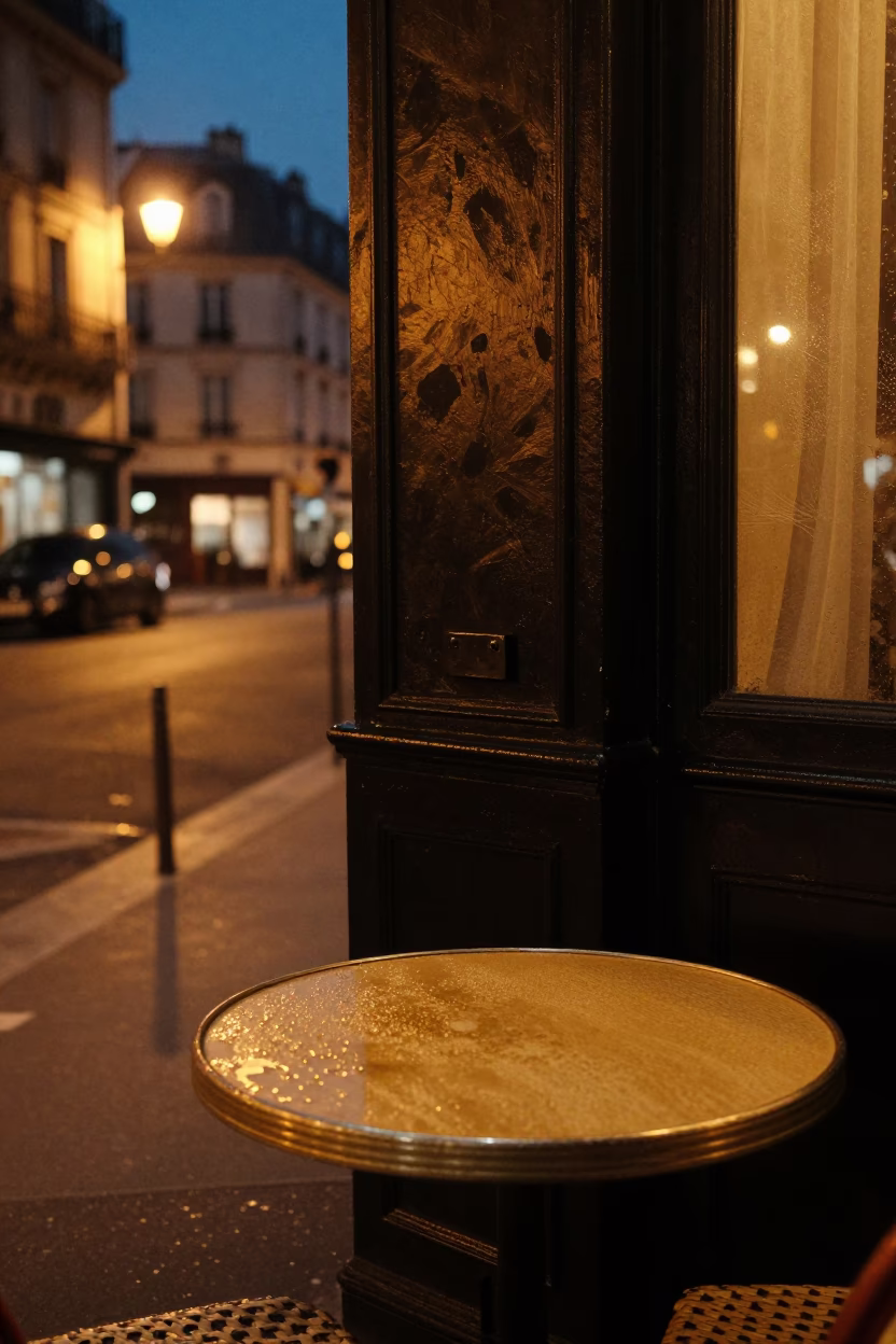 Midnight Paris Street Scene with Iron Deadbolt and Condensation on Tray Corner in in Paris, France