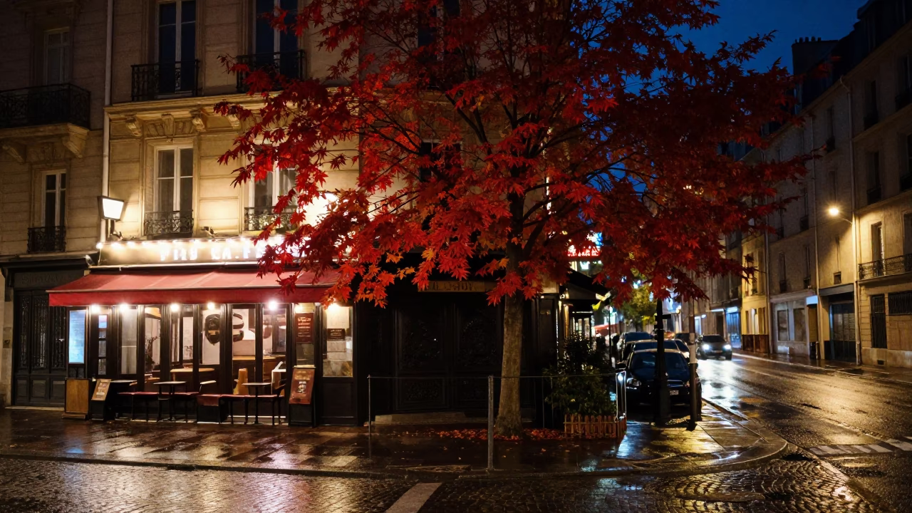 Midnight Paris Street Scene with Japanese Maple Crimson Leaves and Vintage Broom in in Paris, France