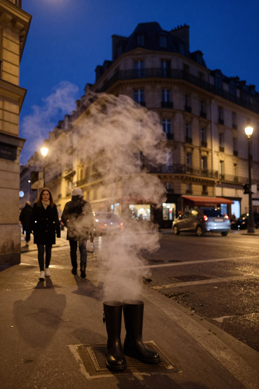 Midnight Paris Street Scene with Rain Boots and Steam Haze Near Historic Bridge in in Paris, France