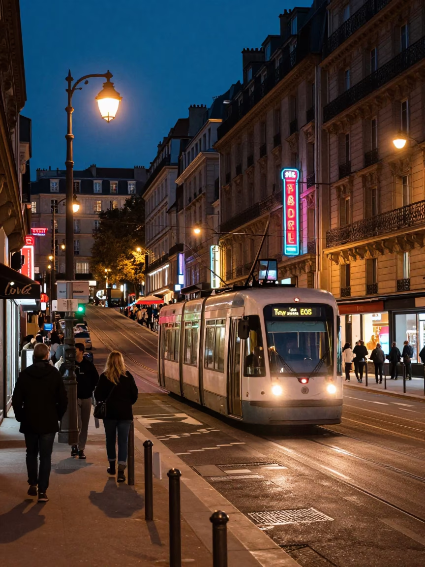 Midnight Paris Street Scene with Tram and Neon Lights in in Paris, France