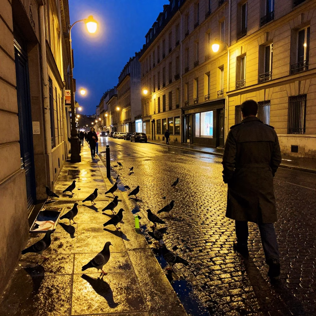 Midnight Paris Street Scene with Vintage Comb and Grease Sheen on Metal in in Paris, France