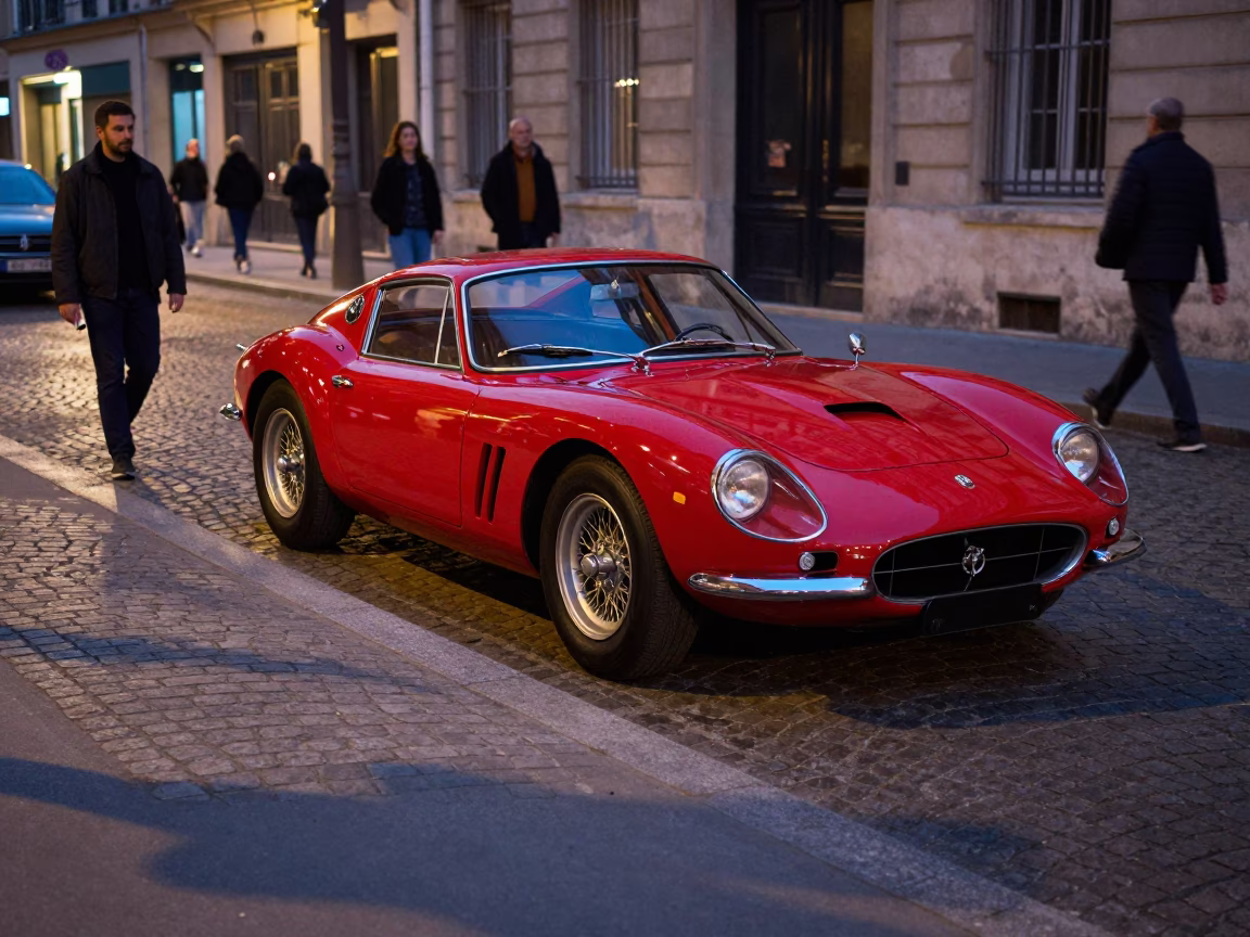 Midnight Paris Street Scene with Vintage Sports Car and Urban Details in in Paris, France
