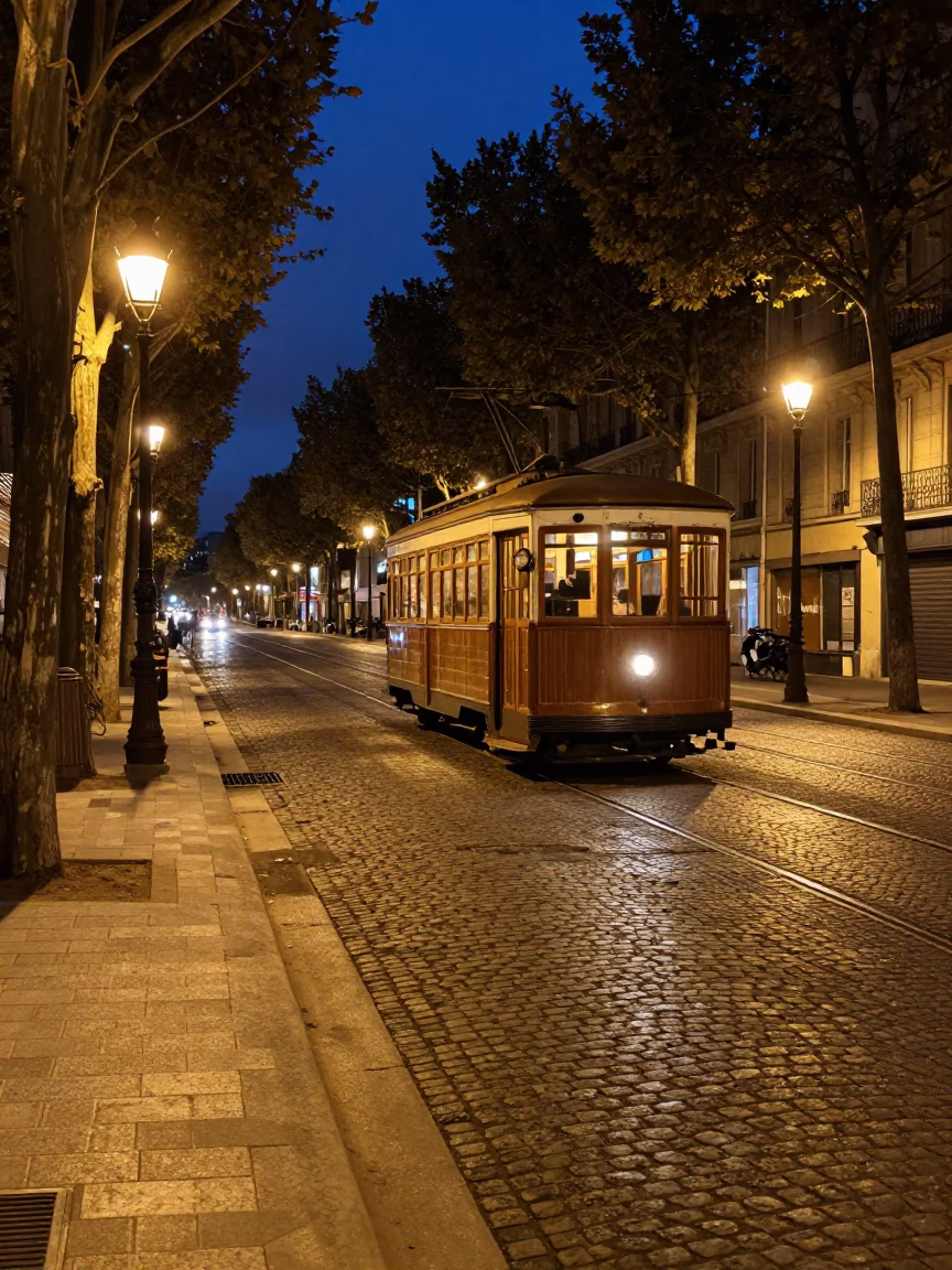 Midnight Paris Street Scene with Vintage Trolley Car and Local Passerby in in Paris, France