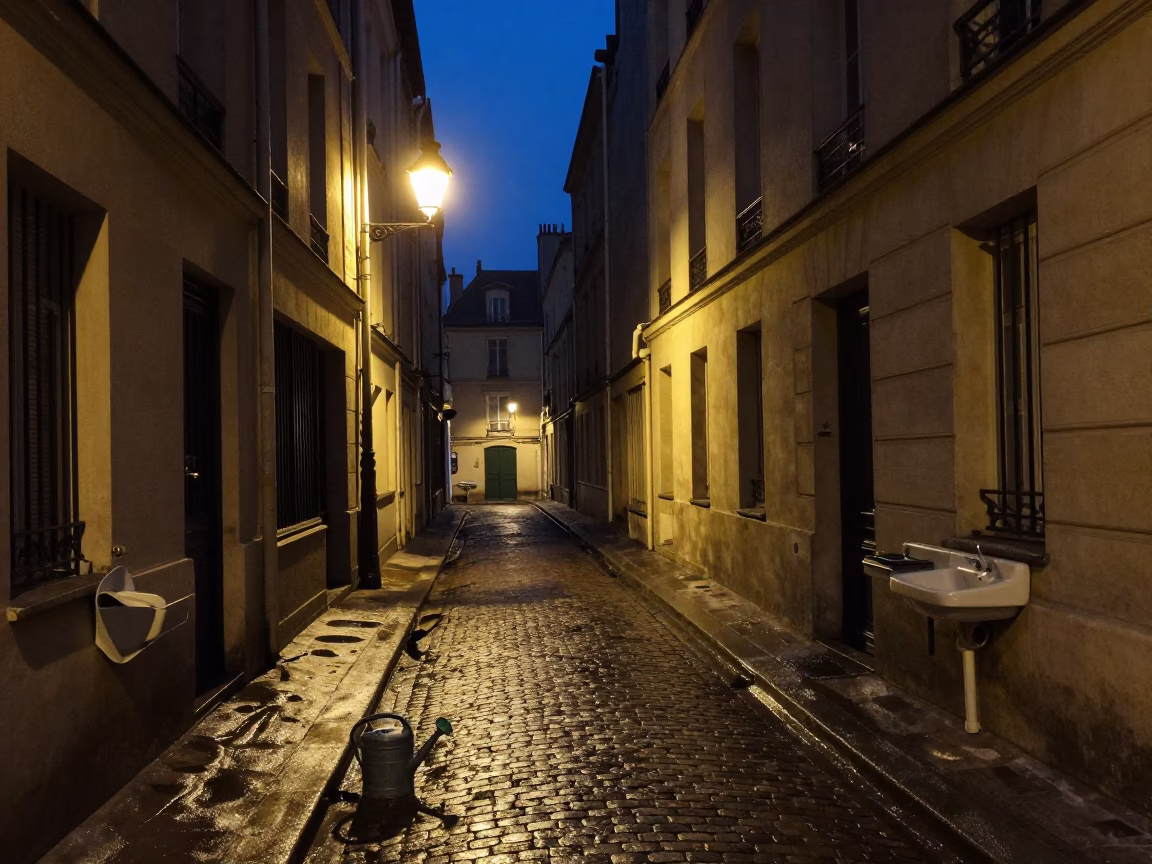Midnight Paris Street Scene with Watering Cans and Sink Strainer in in Paris, France
