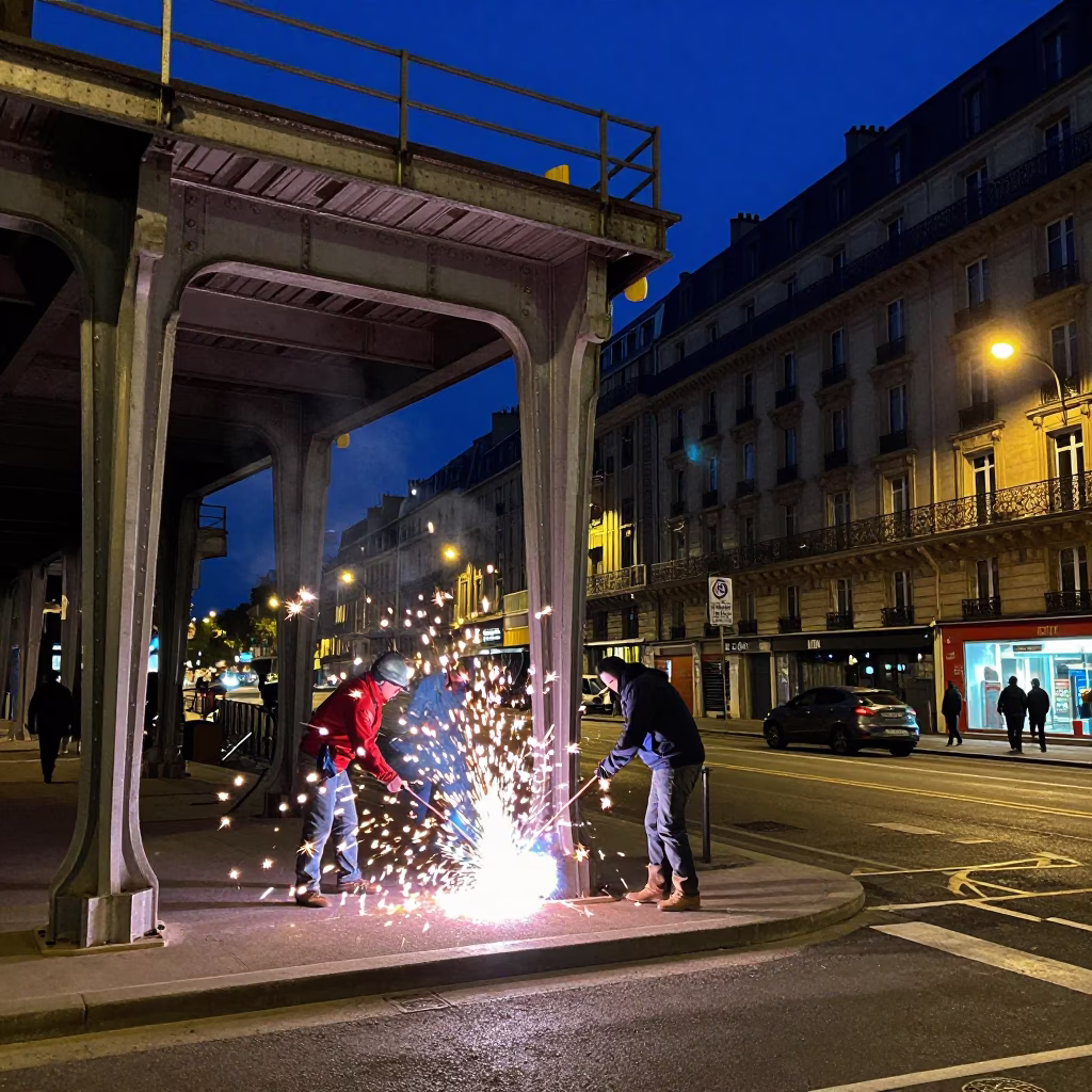 Midnight Paris Street Scene with Welding Sparks Under Construction Bridge in in Paris, France