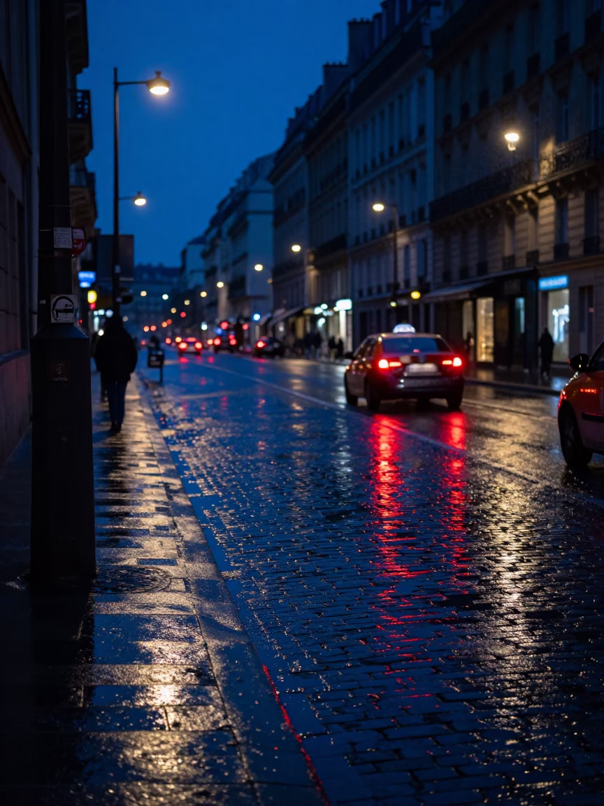 Midnight Paris Street Scene with Wet Cobblestones and Neon Reflections in in Paris, France