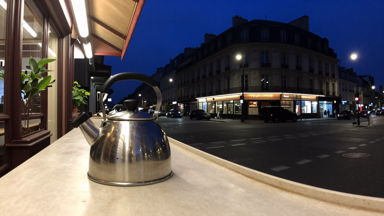 Midnight Parisian Street Scene with Kettle and Tea Tin on Counter in in Paris, France