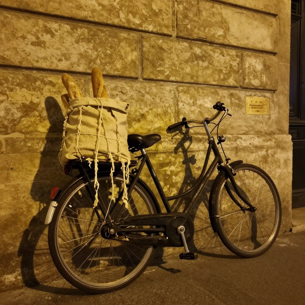 Midnight Parisian Street Scene with Vintage Bicycle and Twine Basket in France in in Paris, France