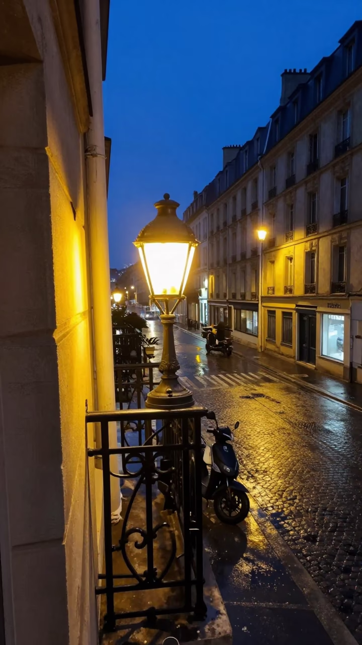 Midnight Parisian Street Scene with Vintage Desk Lamp Illuminating Cobblestones in France in in Paris, France
