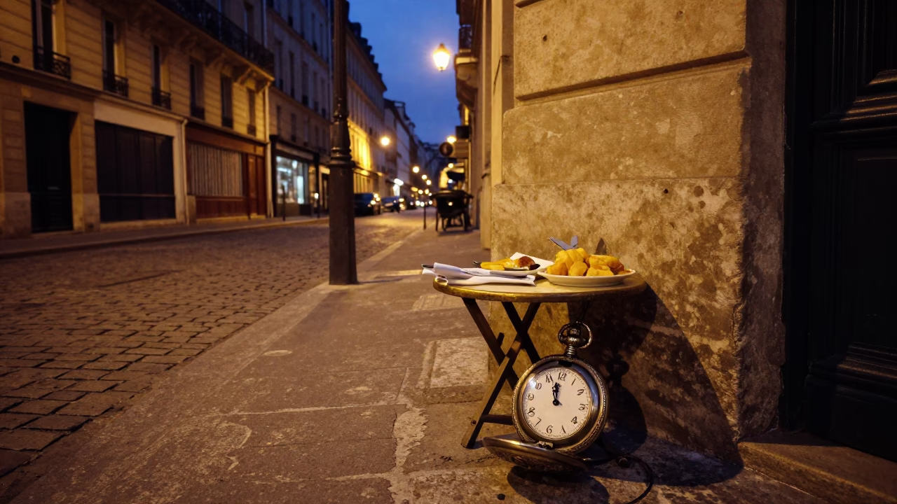 Midnight Parisian Street Scene with Vintage Pocket Watch and Pickle Jar on Cobblestones in in Paris, France