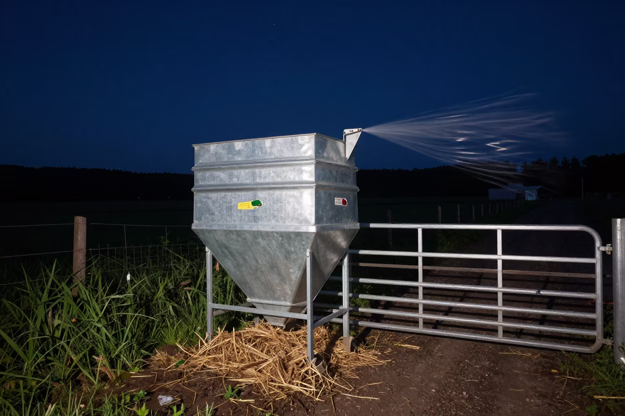 Midnight Pasture Feeder Under Starlight in beside a pasture gate in Tohoku