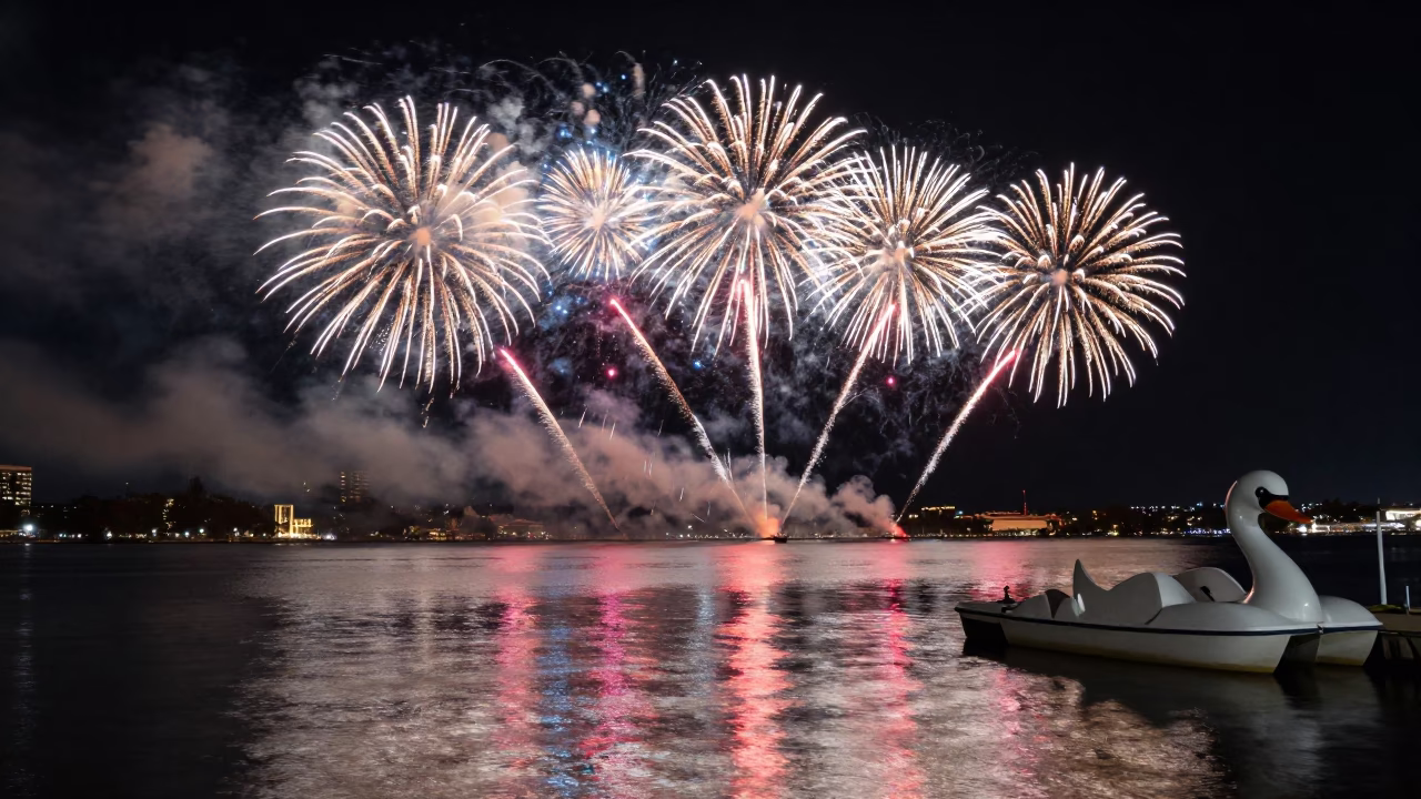 Midnight Perth Harbor Fireworks Reflections on Swan Pedal Boat in in Perth, Western Australia, Australia