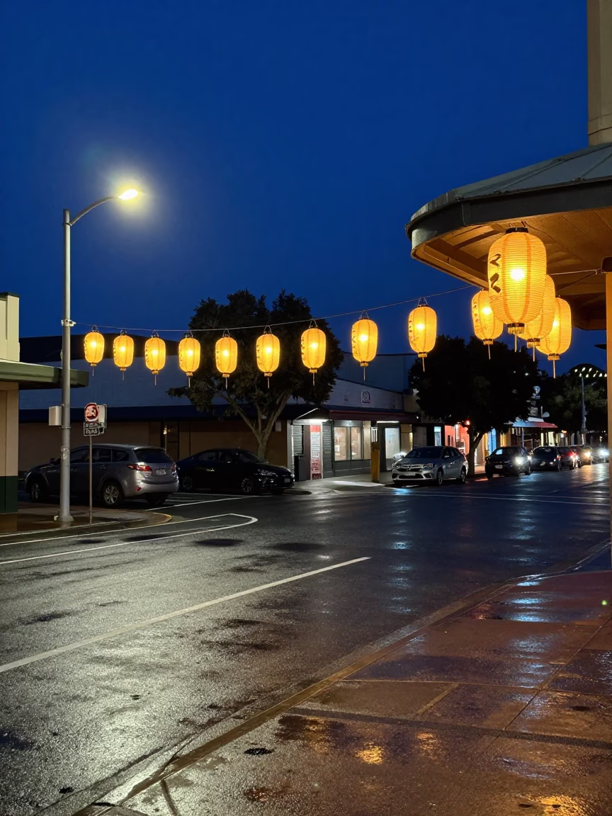 Midnight Perth Street Scene with Paper Lanterns and String Lights in Western Australia in in Perth, Western Australia, Australia