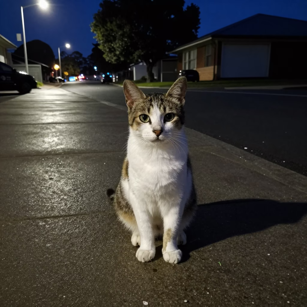 Midnight Perth Street Scene with Toybob Cat and Scrap Basket Near Entrance in in Perth, Western Australia, Australia
