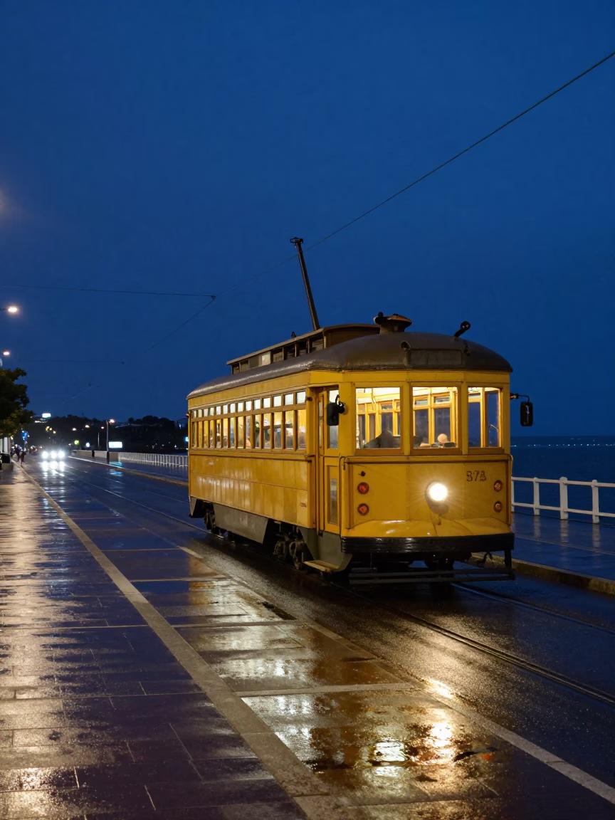 Midnight Perth Western Australia street scene with heritage tram and wet promenade reflections in in Perth, Western Australia, Australia