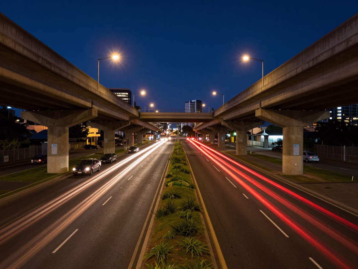 Midnight Perth Western Australia Street Scene with Overpass Interchange and Taillight Streaks in in Perth, Western Australia, Australia