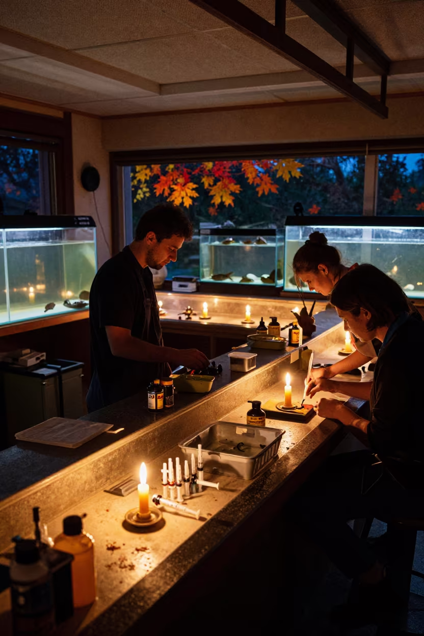 Midnight Pet Care Prep with Candlelight in inside a fish bagging counter zone near Rudny