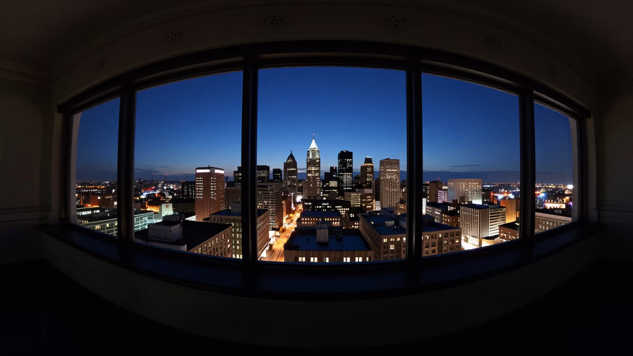 Midnight Philadelphia Skyline View from Historic Observatory Window with Urban Reflections in in Philadelphia, Pennsylvania, United States