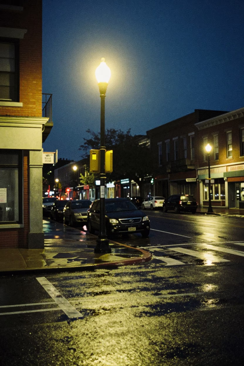 Midnight Philadelphia Street Corner with Vintage 90s Aesthetic and Urban Nightlife Details in in Philadelphia, Pennsylvania, United States
