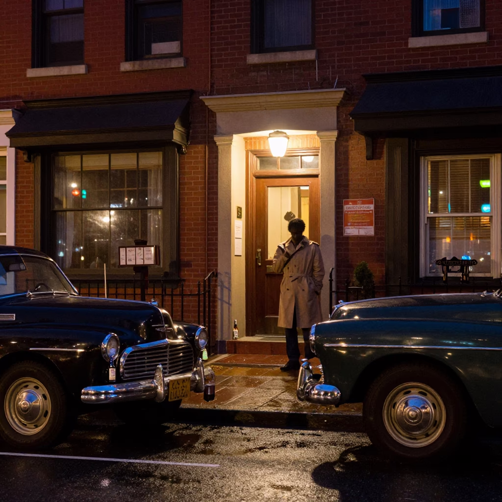 Midnight Philadelphia Street Scene with Bottle and Vintage Details in in Philadelphia, Pennsylvania, United States