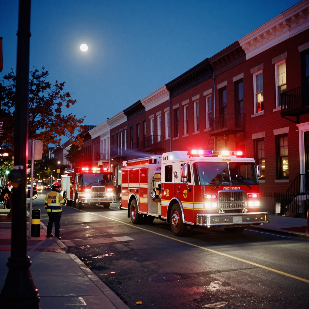 Midnight Philadelphia Street Scene with Fire Engine and Luna Moth in in Philadelphia, Pennsylvania, United States