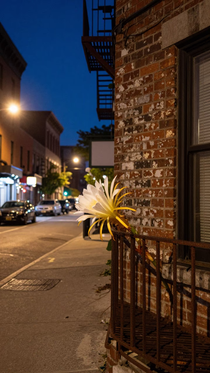 Midnight Philadelphia Street Scene with Night-Blooming Cereus and Urban Details in in Philadelphia, Pennsylvania, United States