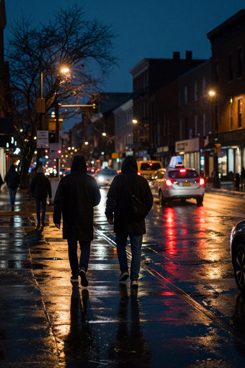 Midnight Philadelphia Street Scene with Raincoats and Urban Night Life in in Philadelphia, Pennsylvania, United States