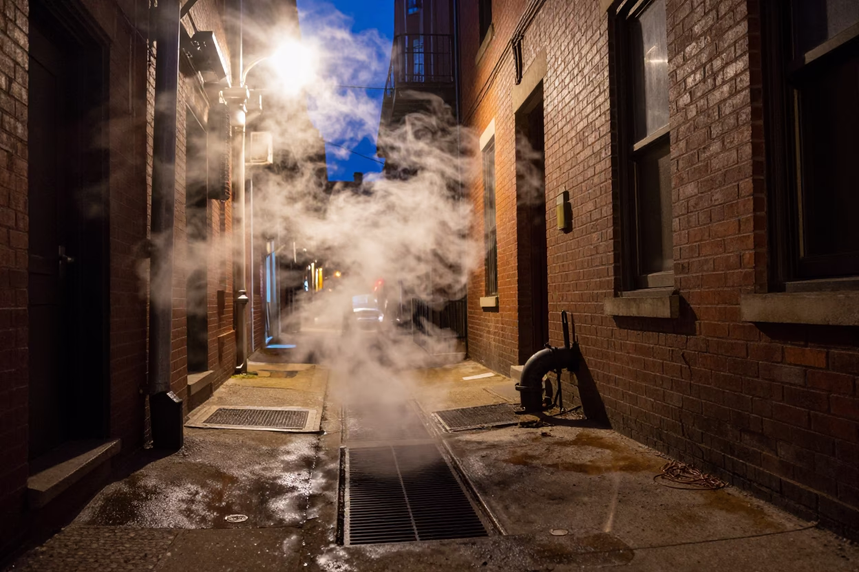 Midnight Philadelphia Street Scene with Steam Rising from Grate and Brick Alleyway in in Philadelphia, Pennsylvania, United States