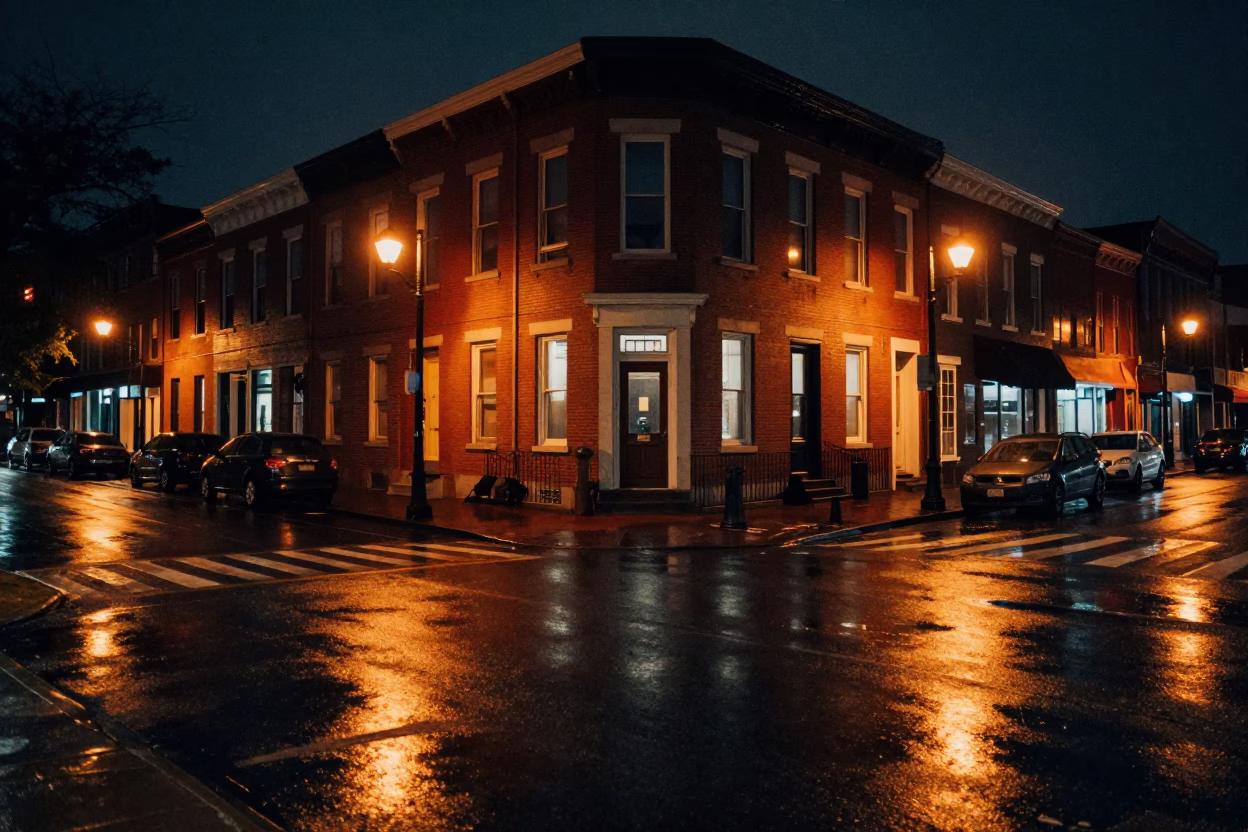 Midnight Philadelphia Street Scene with Vintage Architecture and Wet Pavement Reflections in in Philadelphia, Pennsylvania, United States
