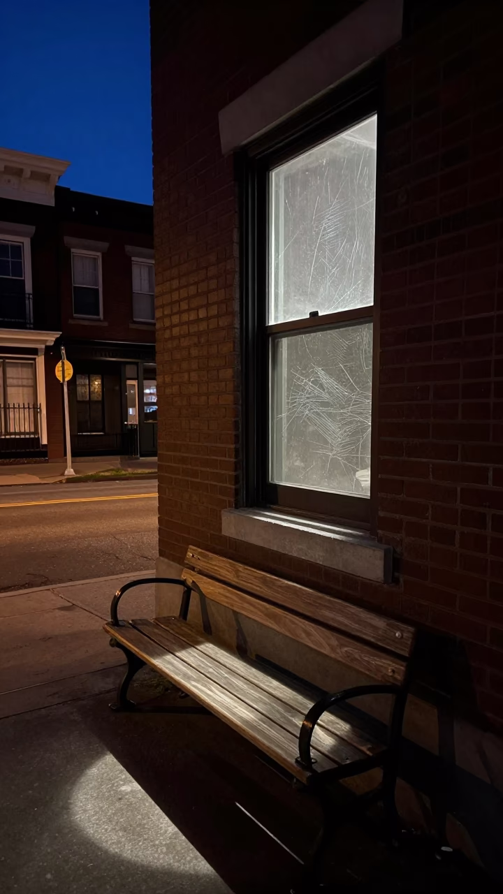 Midnight Philadelphia Street Scene with Window Light and Scratched Bench in in Philadelphia, Pennsylvania, United States
