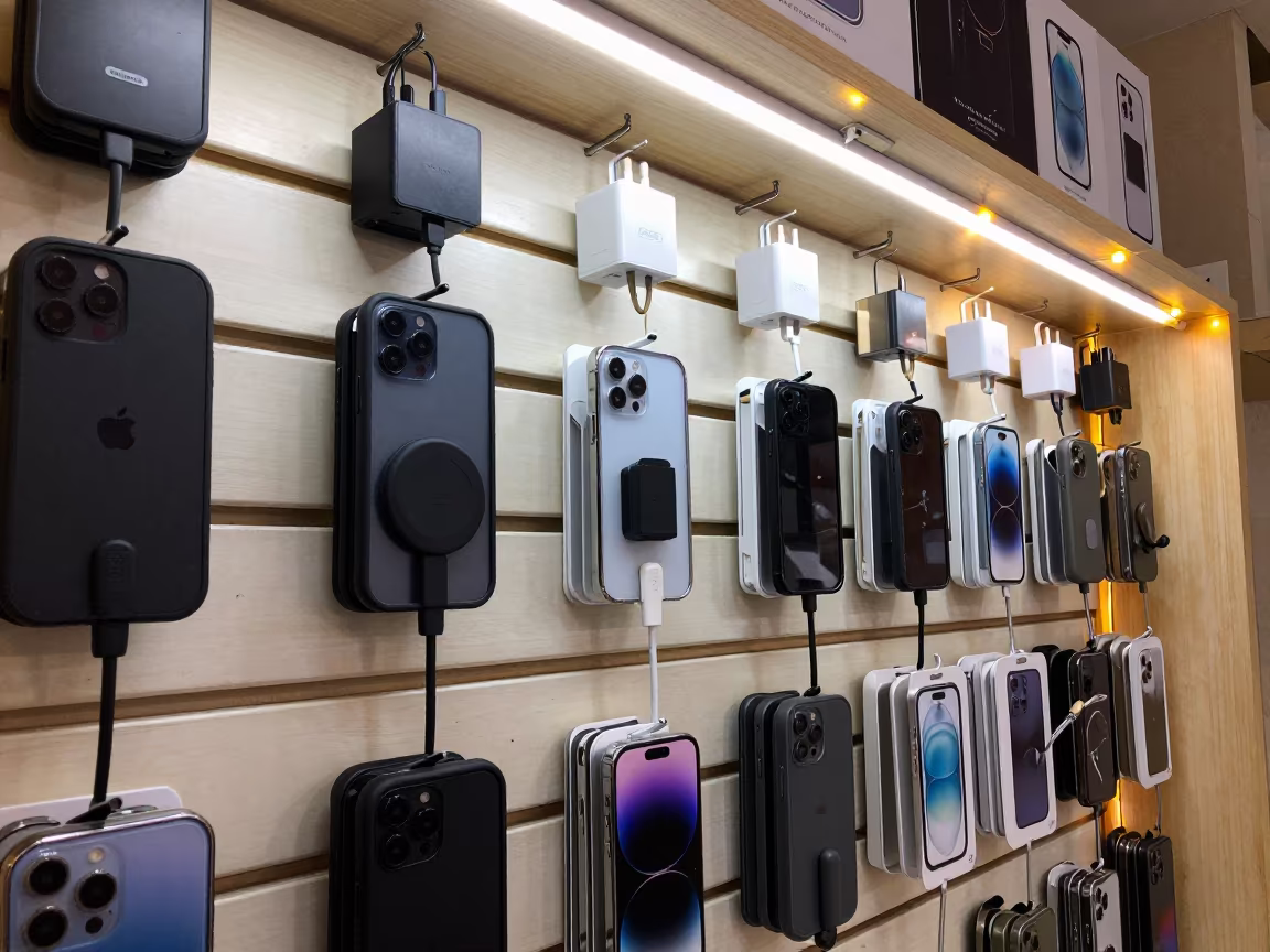 Midnight Phone Accessories Display in Salalah Store in at a checkout lane under flat store light in Salalah