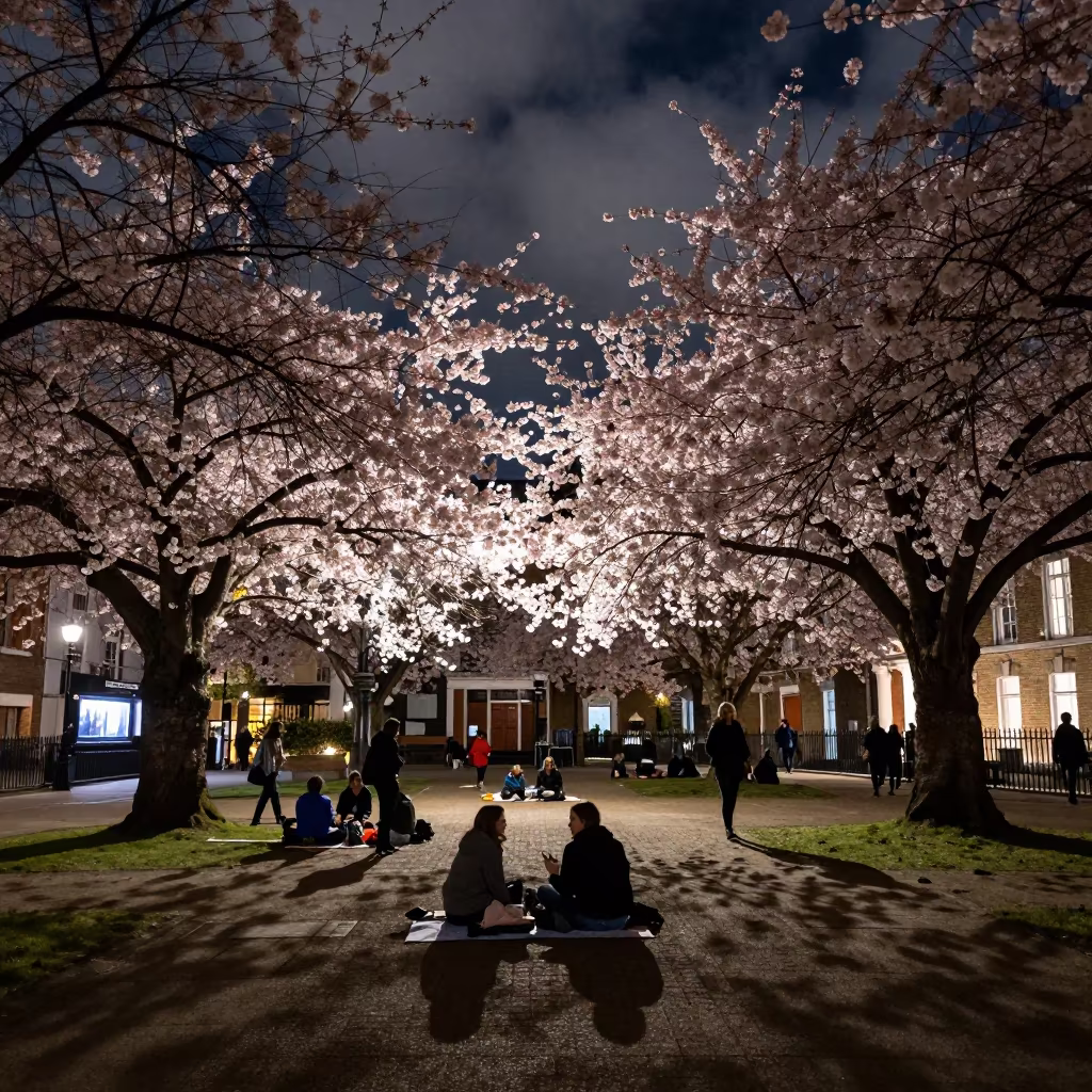 Midnight Picnic Under Cherry Trees in Brick Lane in at a public square during a festival in Brick Lane, London