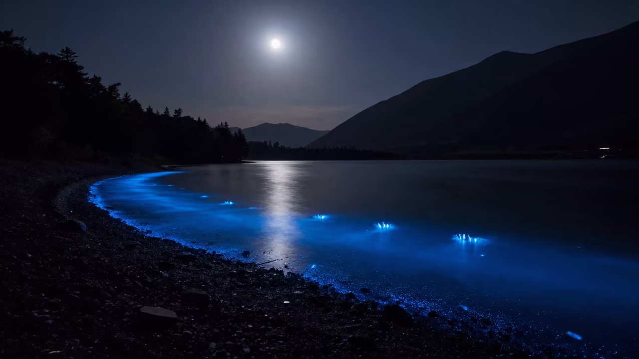 Midnight Plankton Glow on Alpine Lake Shore in from a quiet alpine saddle near Kabwe
