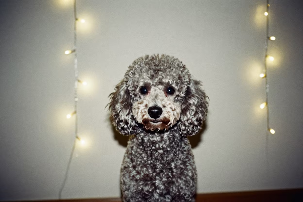 Midnight Poodle Portrait With String Light Glow in beside a plain plaster wall in soft indoor light with the animal centered in frame near Milan
