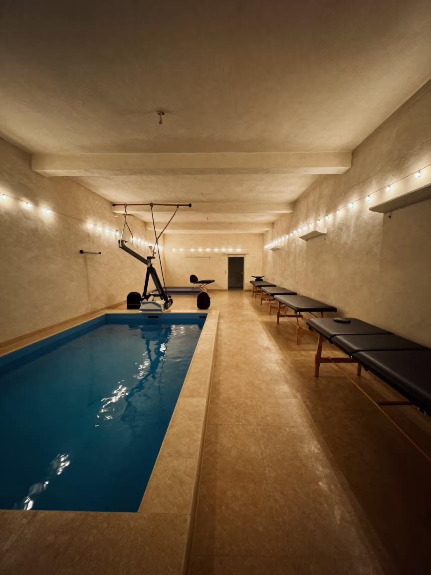Midnight Pool Lift in Bikaner Recovery Center in inside a recovery area with treatment stations aligned near Bikaner
