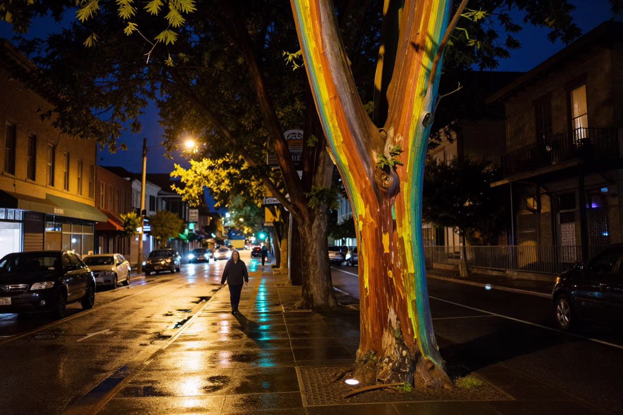 Midnight Portland Oregon Street Scene with Rainbow Eucalyptus Bark and Damp Urban Atmosphere in in Portland, Oregon, United States