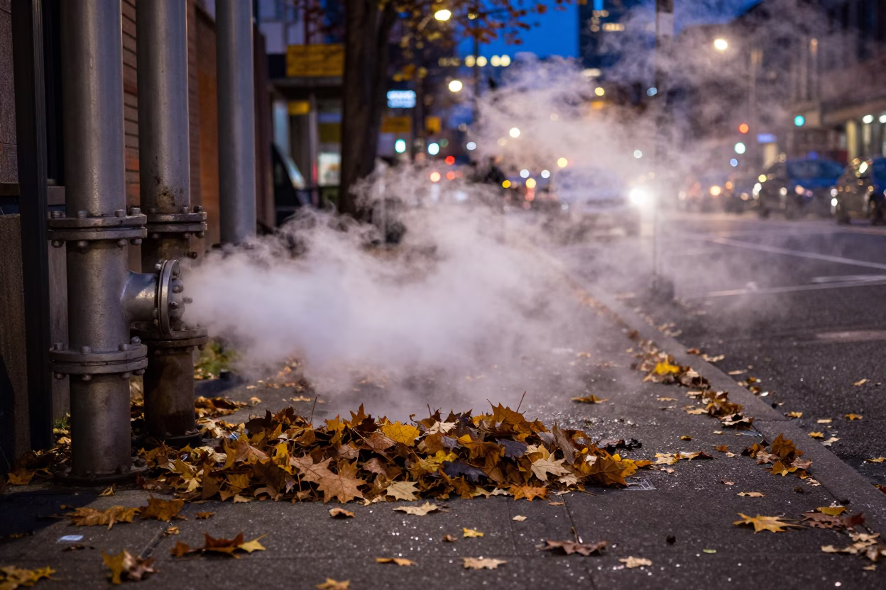 Midnight Portland Oregon Street Scene with Steam Pipes and Autumn Leaves in in Portland, Oregon, United States