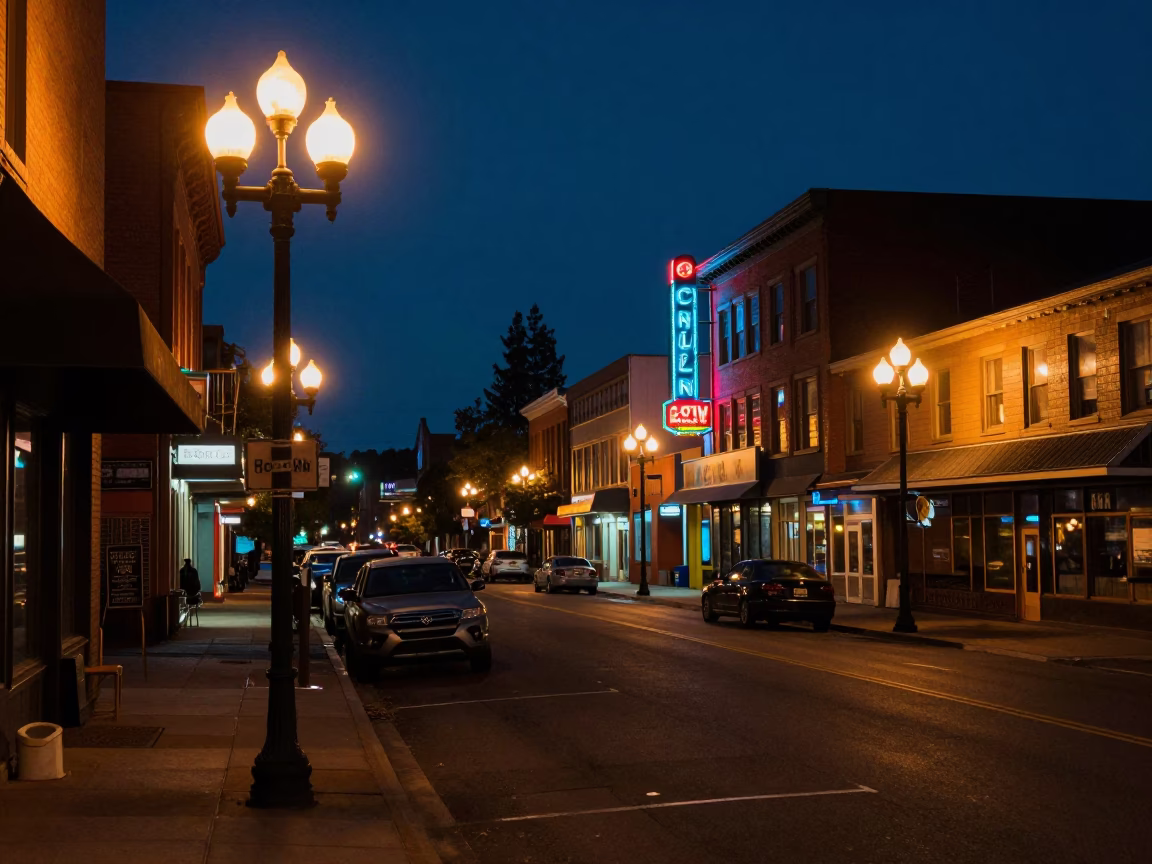 Midnight Portland Oregon Street Scene with Vintage 1970s Aesthetic and Neon Lights in in Portland, Oregon, United States
