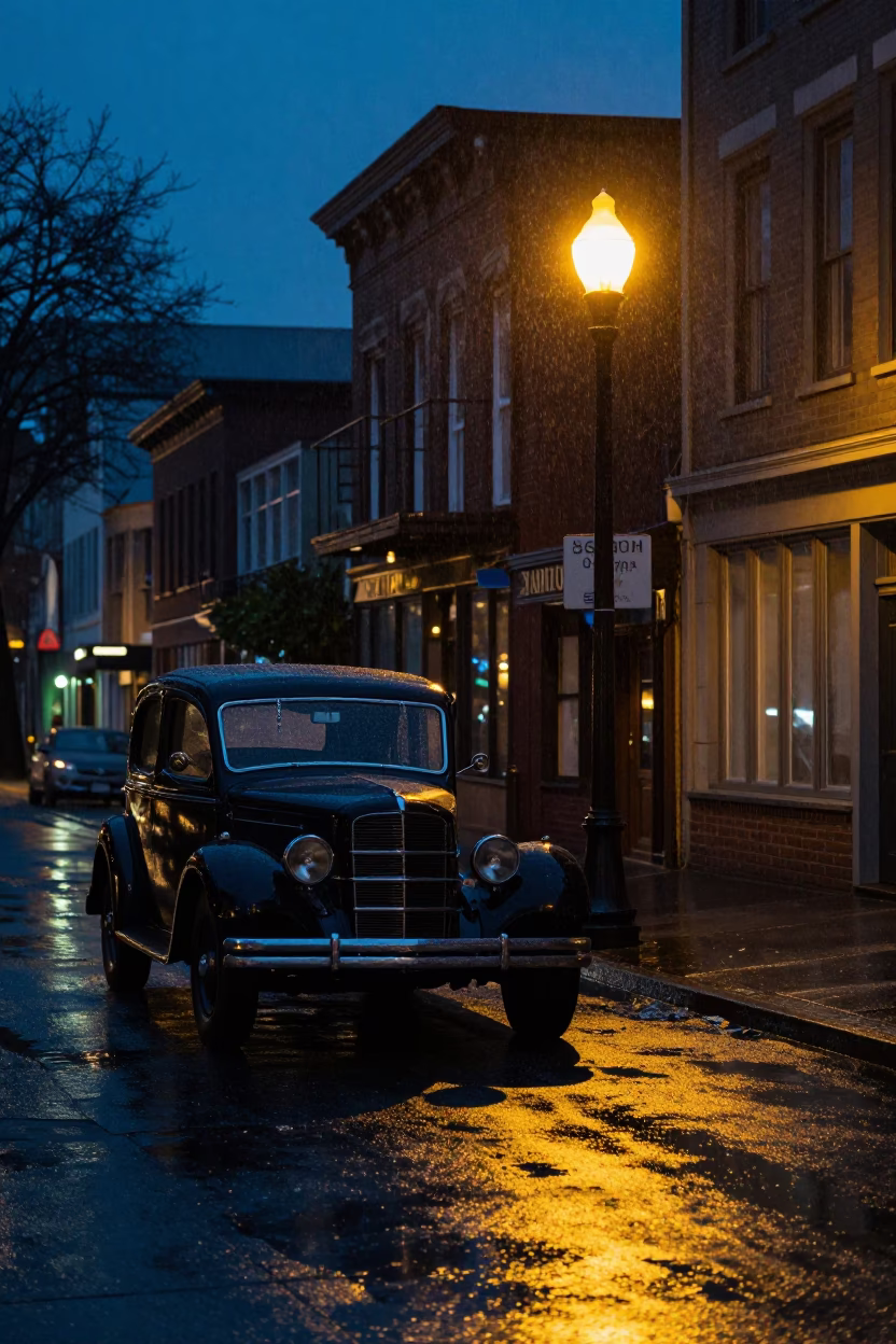 Midnight Portland Oregon Street Scene with Vintage Car and Rain-Slicked Pavement in in Portland, Oregon, United States