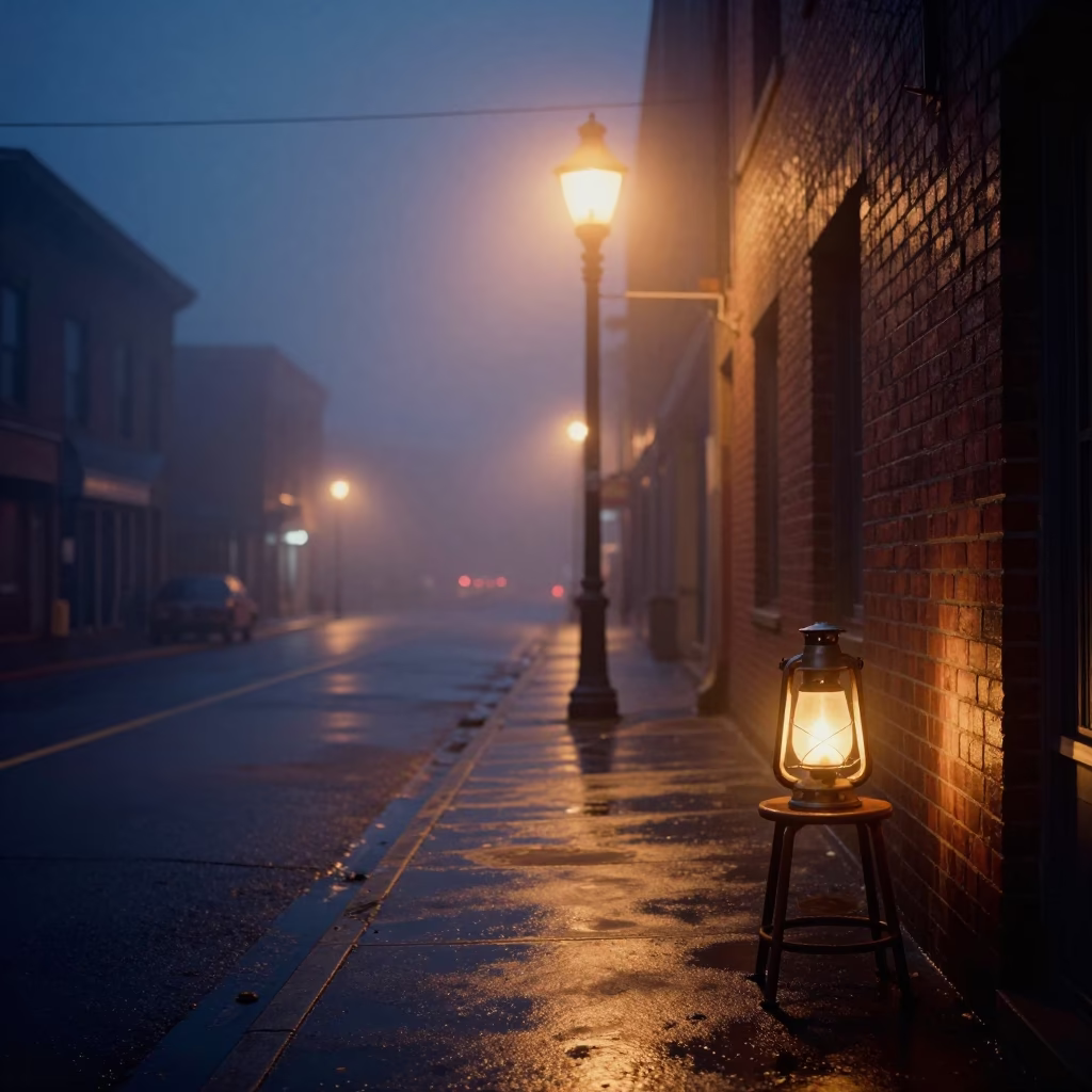 Midnight Portland Street Scene with Lantern Fog and Urban Infrastructure in in Portland, Oregon, United States